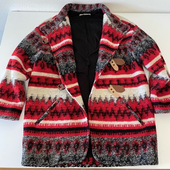 Sandro Wool Blend Patterned Coat Red Black Ivory Small - Picture 9 of 16